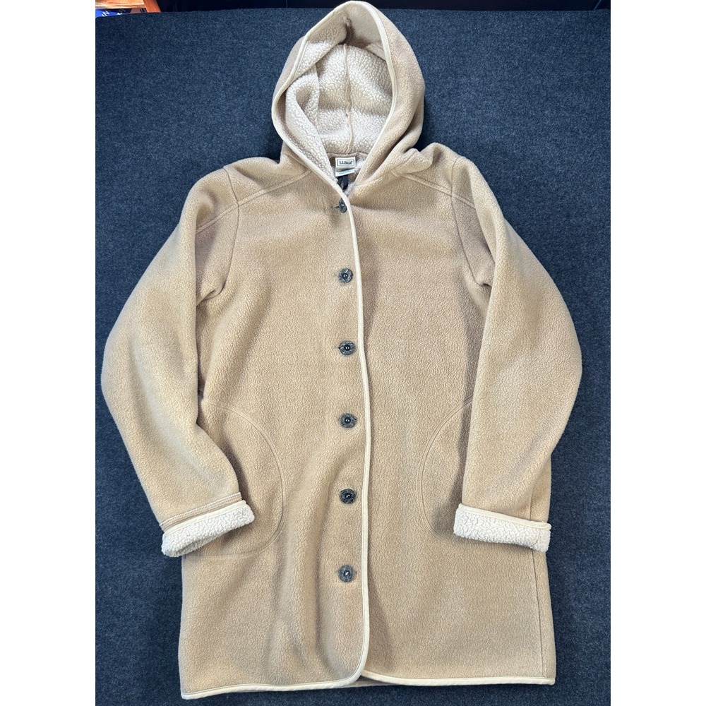 LL Bean Womens Fleece Parka Hooded Jacket Tan Sherpa Lined Made in USA ORK74 M